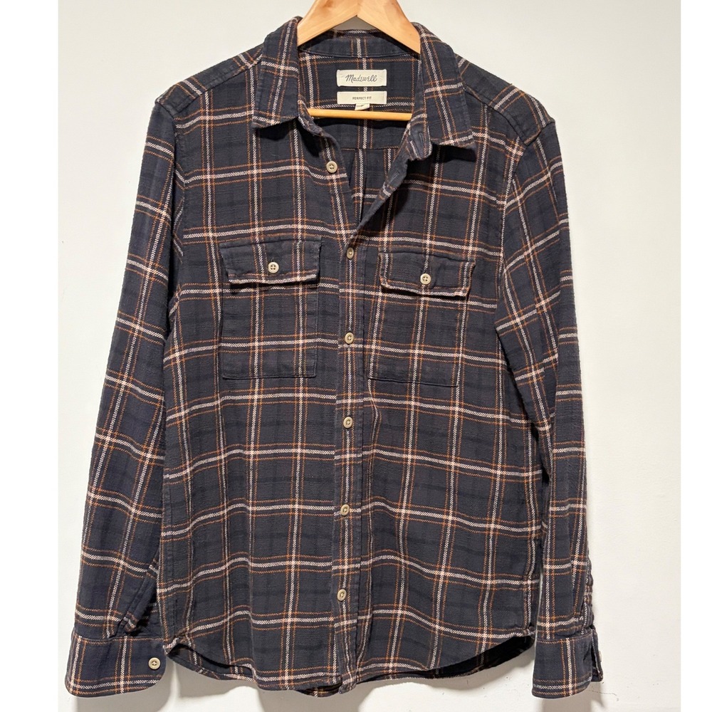 Madewell Perfect Fit Flannel Shirt Mens M Dark Brown Rust Orange Plaid Cotton